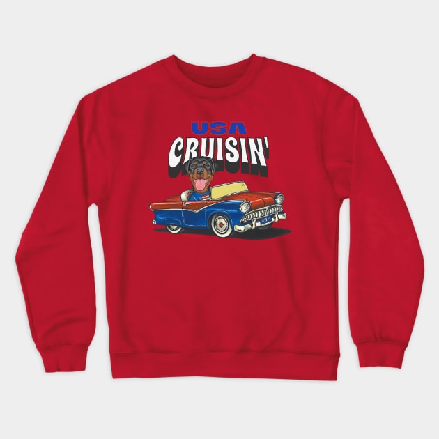 Funny and cute Rottweiler Rottie dog driving a classic car cruising the USA Crewneck Sweatshirt by Danny Gordon Art